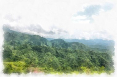 Mountain forest landscape and camping watercolor style illustration impressionist painting.