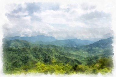 Mountain forest landscape and camping watercolor style illustration impressionist painting.