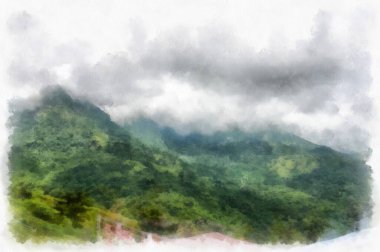 Mountain forest landscape and camping watercolor style illustration impressionist painting.