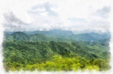 Mountain forest landscape and camping watercolor style illustration impressionist painting.