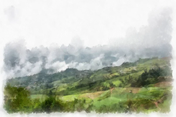 Ορεινά Δάση Τοπίο Και Κάμπινγκ Ακουαρέλα Εικονογράφηση Ιμπρεσιονιστική Ζωγραφική — Φωτογραφία Αρχείου