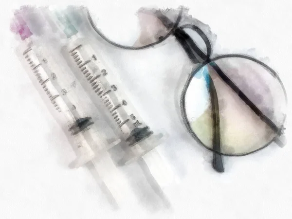Glasses Syringe White Background Watercolor Style Illustration Impressionist Painting — Stock Photo, Image