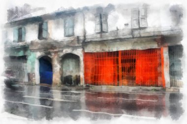 Eski yerlerin ve Bangkok 'un eski kentlerinin manzarası suluboya stili illüstrasyon ressamı.