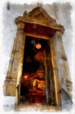 Eski yerlerin ve Bangkok 'un eski kentlerinin manzarası suluboya stili illüstrasyon ressamı.