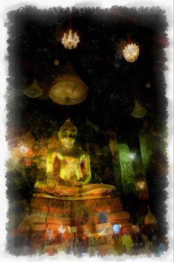 Antik tapınakların manzarası ve Bangkok suluboya resim çizimindeki büyük altın Buda heykelleri..