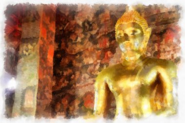 Antik tapınakların manzarası ve Bangkok suluboya resim çizimindeki büyük altın Buda heykelleri..