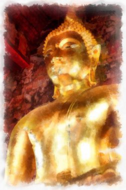 Antik tapınakların manzarası ve Bangkok suluboya resim çizimindeki büyük altın Buda heykelleri..