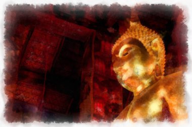 Antik tapınakların manzarası ve Bangkok suluboya resim çizimindeki büyük altın Buda heykelleri..