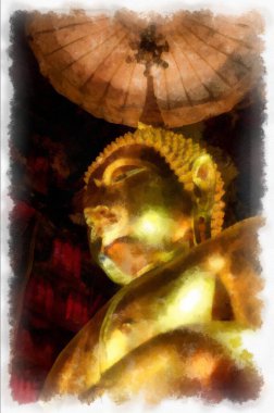 Antik tapınakların manzarası ve Bangkok suluboya resim çizimindeki büyük altın Buda heykelleri..