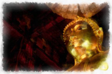 Antik tapınakların manzarası ve Bangkok suluboya resim çizimindeki büyük altın Buda heykelleri..