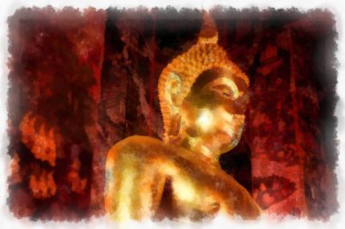 Antik tapınakların manzarası ve Bangkok suluboya resim çizimindeki büyük altın Buda heykelleri..