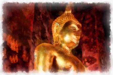 Antik tapınakların manzarası ve Bangkok suluboya resim çizimindeki büyük altın Buda heykelleri..