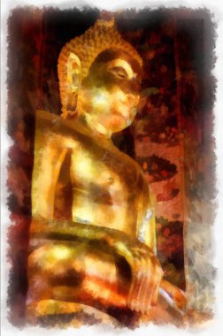 Antik tapınakların manzarası ve Bangkok suluboya resim çizimindeki büyük altın Buda heykelleri..