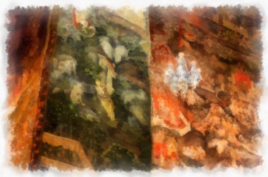 Antik tapınakların manzarası ve Bangkok suluboya resim çizimindeki büyük altın Buda heykelleri..