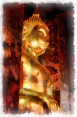 Antik tapınakların manzarası ve Bangkok suluboya resim çizimindeki büyük altın Buda heykelleri..