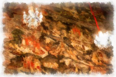 Antik tapınakların manzarası ve Bangkok suluboya resim çizimindeki büyük altın Buda heykelleri..