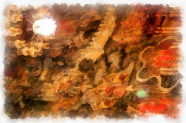 Antik tapınakların manzarası ve Bangkok suluboya resim çizimindeki büyük altın Buda heykelleri..