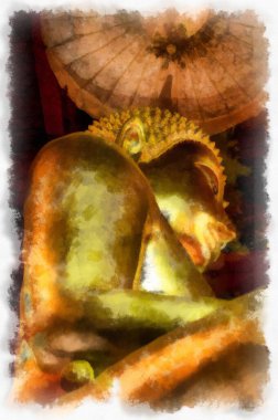 Antik tapınakların manzarası ve Bangkok suluboya resim çizimindeki büyük altın Buda heykelleri..