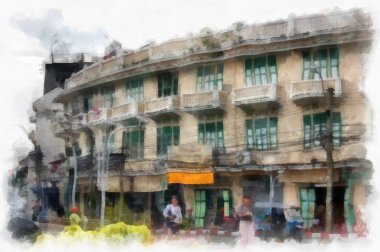 Eski yerlerin ve Bangkok 'un eski kentlerinin manzarası suluboya stili illüstrasyon ressamı.