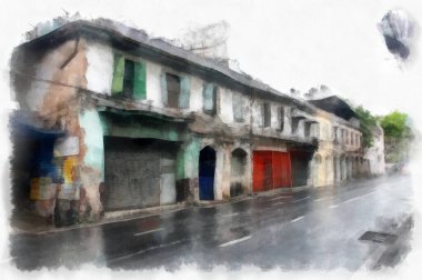 Eski yerlerin ve Bangkok 'un eski kentlerinin manzarası suluboya stili illüstrasyon ressamı.