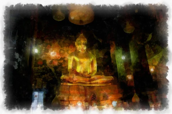 Paisaje Templos Antiguos Grandes Estatuas Doradas Buda Bangkok Acuarela Estilo — Foto de Stock