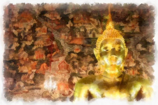 Tájkép Ősi Templomok Nagy Arany Buddha Szobrok Bangkok Akvarell Stílusú — Stock Fotó