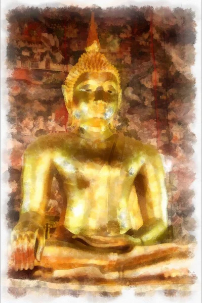Paisaje Templos Antiguos Grandes Estatuas Doradas Buda Bangkok Acuarela Estilo — Foto de Stock