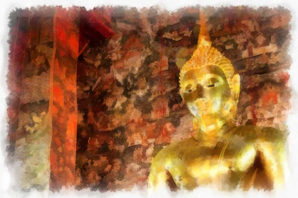 Paisagem Templos Antigos Grandes Estátuas Douradas Buda Bangkok Estilo Aquarela — Fotografia de Stock