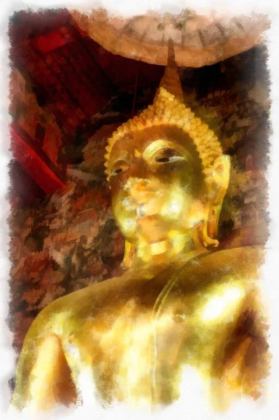 Paesaggio Antichi Templi Grandi Statue Buddha Oro Bangkok Acquerello Stile — Foto Stock