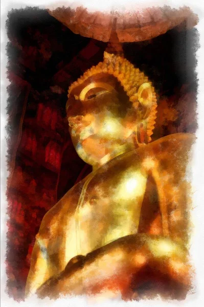 曼谷水彩画中的古寺景观与金佛像 — 图库照片