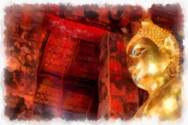 Paisagem Templos Antigos Grandes Estátuas Douradas Buda Bangkok Estilo Aquarela — Fotografia de Stock
