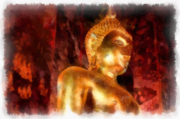 Пейзаж Стародавніх Храмів Великих Золотих Статуй Будди Стилі Акварелі Бангкока — стокове фото