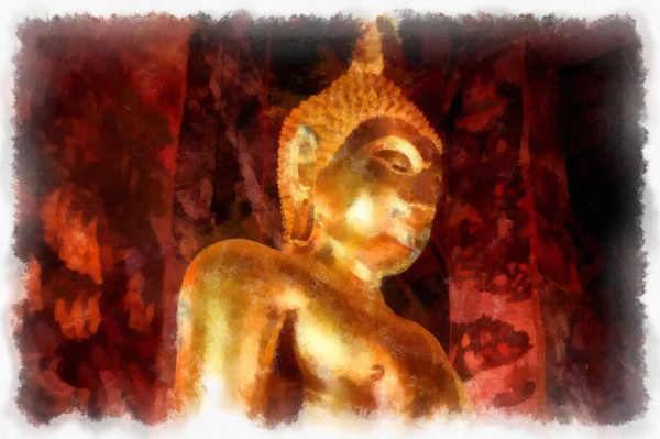 バンコクの古代寺院や大きな黄金の仏像の風景水彩画スタイルのイラスト印象派の絵画 — ストック写真