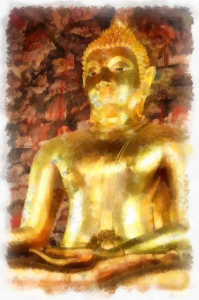 Landschaft Der Antiken Tempel Und Großen Goldenen Buddha Statuen Bangkok Stockbild