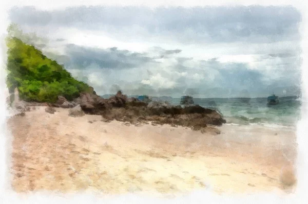 Plaża Krajobraz Akwarela Styl Ilustracja Impresjonista Malarstwo — Zdjęcie stockowe
