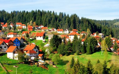 Kırmızı kiremit çatılı dağlarda woods tarafından çevrili beyaz evler