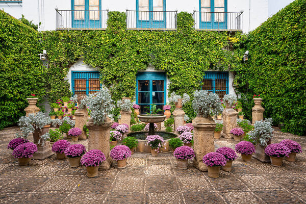 Cordoba, Spain - November 03, 2021: Courtyard garden of Viana Palace in Cordoba, Andalusia. Built in XV century. Viana Palace is a tourist attraction known for its 12 magnificent patios and gardens.
