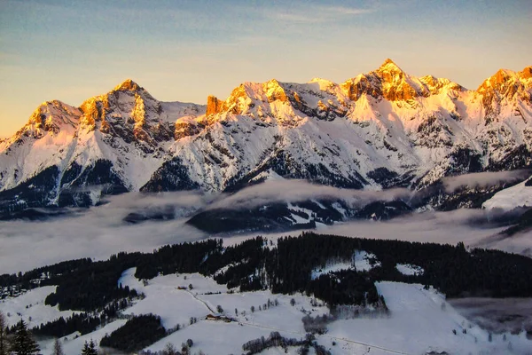 Maria Alm 'de gün doğumu, Avusturya' da Hinterthal. Güzel, huzurlu kış manzarası, çarpıcı dağ sıraları, karlı ağaçlar ve mavi gökyüzü.