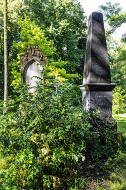 Münih, Almanya - Temmuz 09, 2021: Tarihi mezar taşlarıyla ünlü Münih Eski Kuzey Mezarlığı manzarası. Cenazeler 1944 'ten beri burada yapılmadı. Bunun yerine mezarlık bir park olarak kullanılıyor.