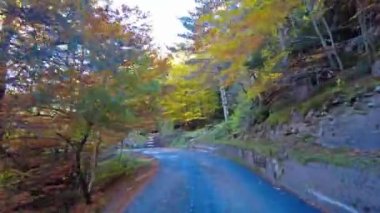 İspanya 'da sonbaharda Pireneler' de, İspanya 'da Avrupa' da Hecho Vadisi 'nde araba sürmek