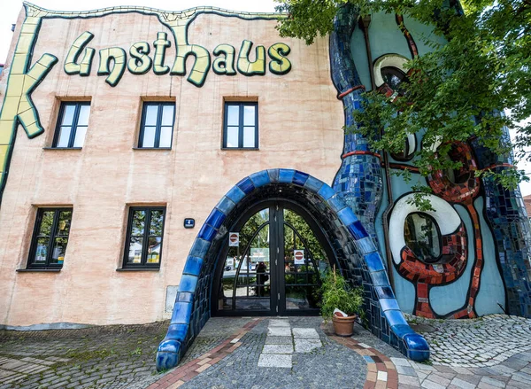 Abensberg, Germany - Sep 04, 2021: Detail of the facade of the exhibition building at Kuchlbauer Brewery, Abensberg, Lower Bavaria, Germany, Europe