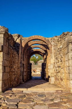 Merida 'da Roma Amfitiyatrosu, Extremadura' da Augusta Emerita, İspanya. Roma Şehri - Tapınaklar, Tiyatrolar, Anıtlar, Heykeller ve Arenalar