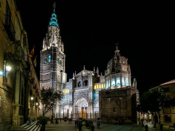 Iluminada Catedral Primada Santa María Toledo Por Noche Catedral Primada — Foto de Stock