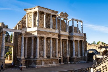 Merida 'da Roma Amfitiyatrosu, Extremadura' da Augusta Emerita, İspanya. Roma Şehri - Tapınaklar, Tiyatrolar, Anıtlar, Heykeller ve Arenalar