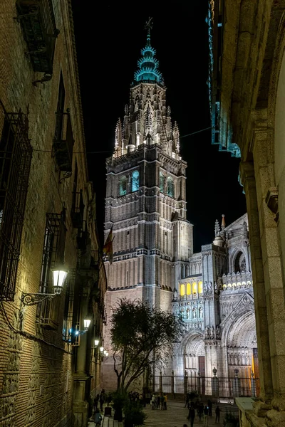 Megvilágított Főemlős Katedrális Szent Mária Toledo Éjjel Katedrális Primada Santa — Stock Fotó