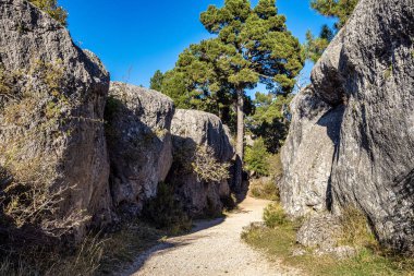 La Ciudad Encantada 'daki benzersiz kaya oluşumları veya Cuenca, Castilla la la Mancha, İspanya yakınlarındaki Büyülü Şehir doğal parkı Serrania de Cuenca Naturpark' ta bulunan bir jeolojik alandır.
