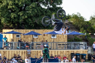 Munich, Germany - Aug 11, 2022: Riders compete at the BMX Freestyle European Championsships at Olympiapark in Munich, Germany. Men's qualifiacation