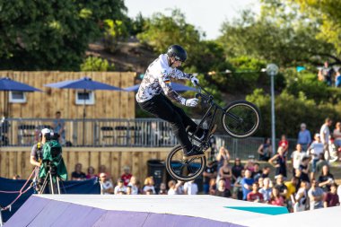 Munich, Germany - Aug 11, 2022: Riders compete at the BMX Freestyle European Championsships at Olympiapark in Munich, Germany. Men's qualifiacation