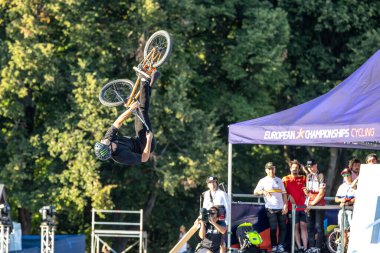 Munich, Germany - Aug 11, 2022: Riders compete at the BMX Freestyle European Championsships at Olympiapark in Munich, Germany. Men's qualifiacation