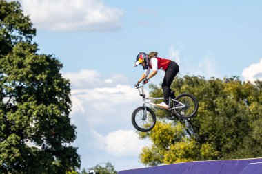 Munich, Germany - Aug 12, 2022: Riders compete at the BMX Freestyle European Championsships at Olympiapark in Munich, Germany. Men's qualifiacation